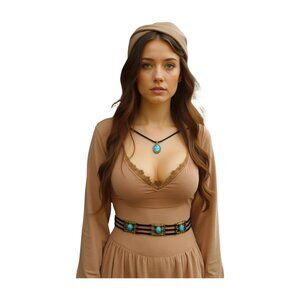 New Women Black Faux Suede Tie Wrap Belt Gold Charm Turquoise Blue Beads M L XL